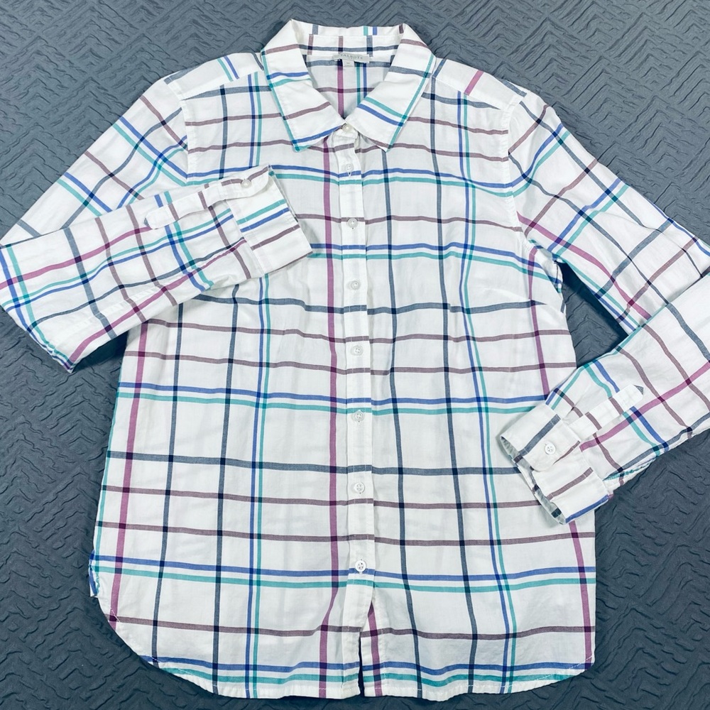 Talbots Cotton White Plaid Button Down Top Size Medium EUC